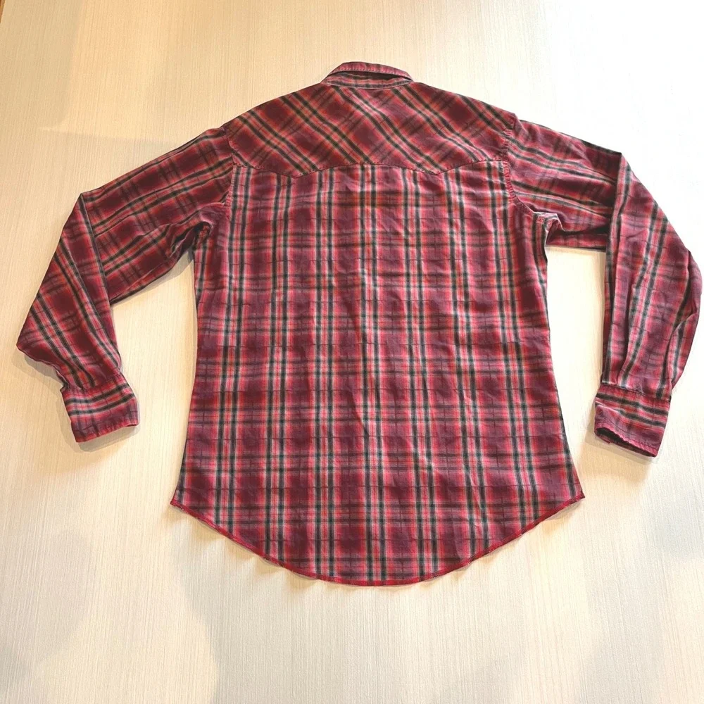 Wrangler‎ Mens Western Snap Shirt Red Black Plaid Cowboy Workwear Medium Pearl